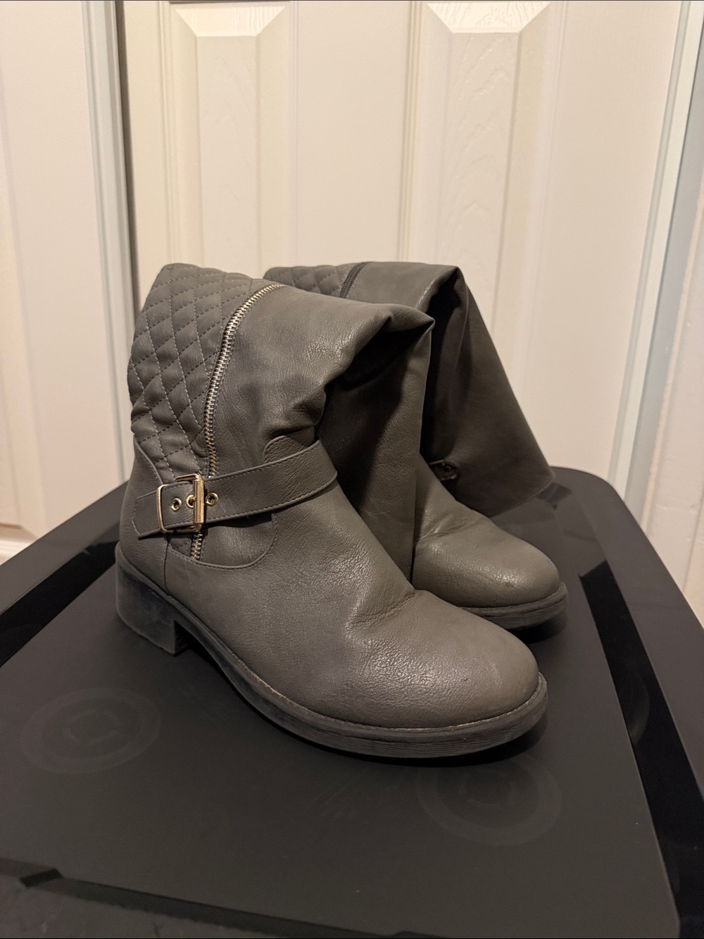 Dream Pairs Gray Quilted Fold-Over Ankle Boots with Buckle